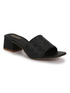 Black PU Textured Block Heel Mules