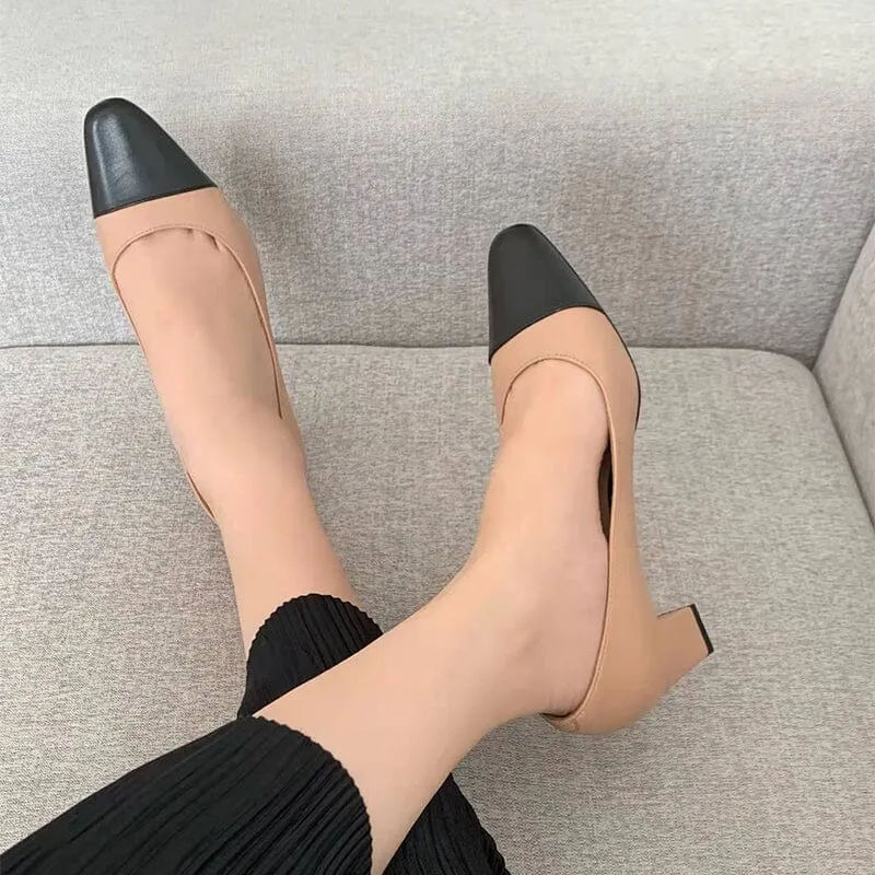 Block Heeled Slip-On Pumps Leather Square Toe Office Shoes Color Blocking in Beige