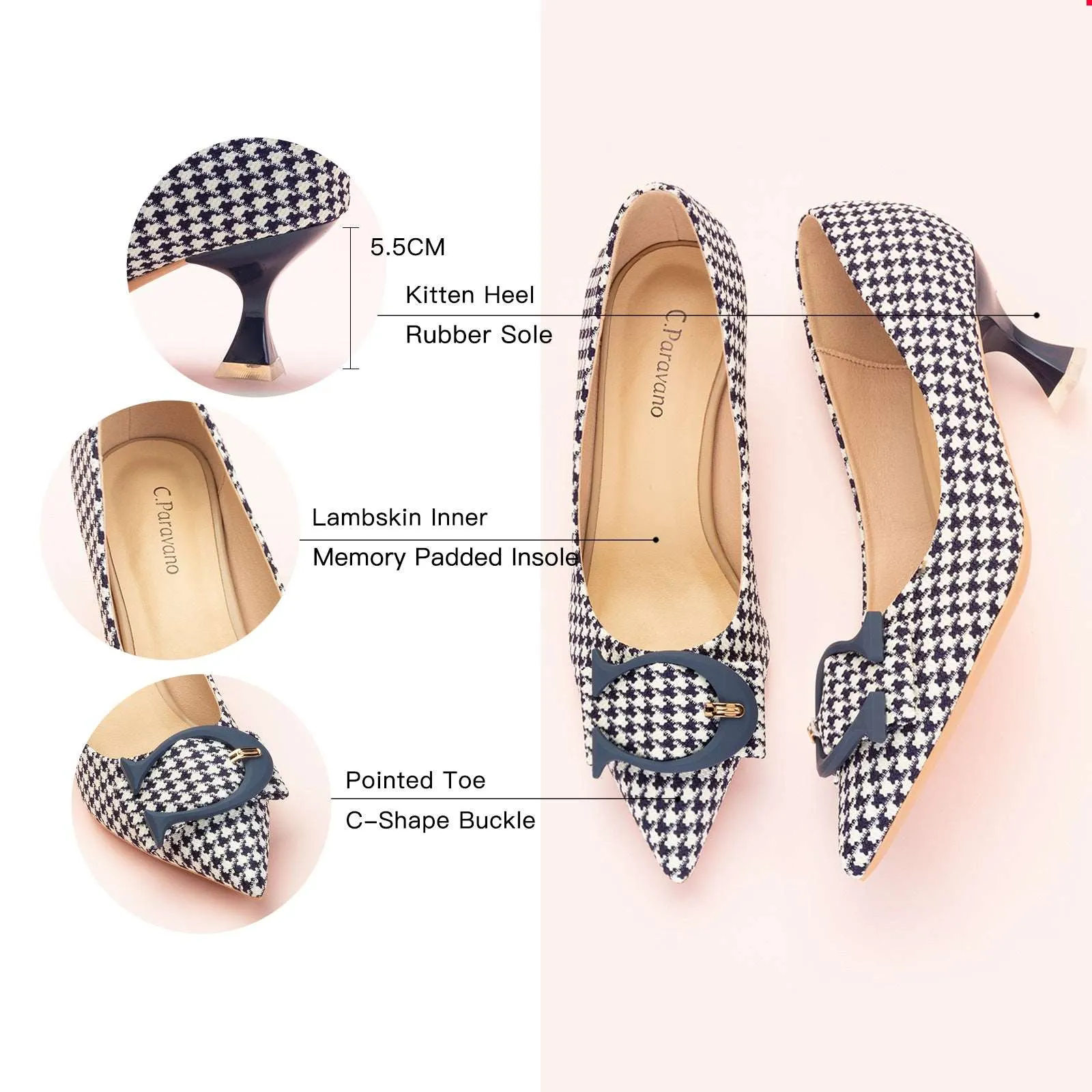 C Buckle Tweed Pumps (Olivia) Houndstooth