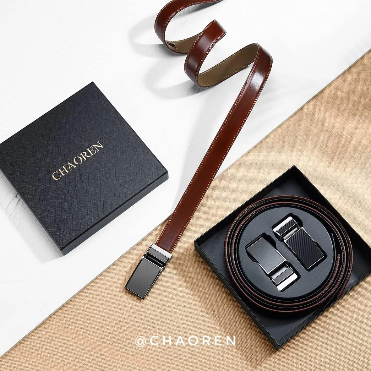 CHAOREN Mens Dress Belt Leather 2 Pack - Mens Ratchet Belt for Dress Shirt and Pants Every Occasion (32mm)