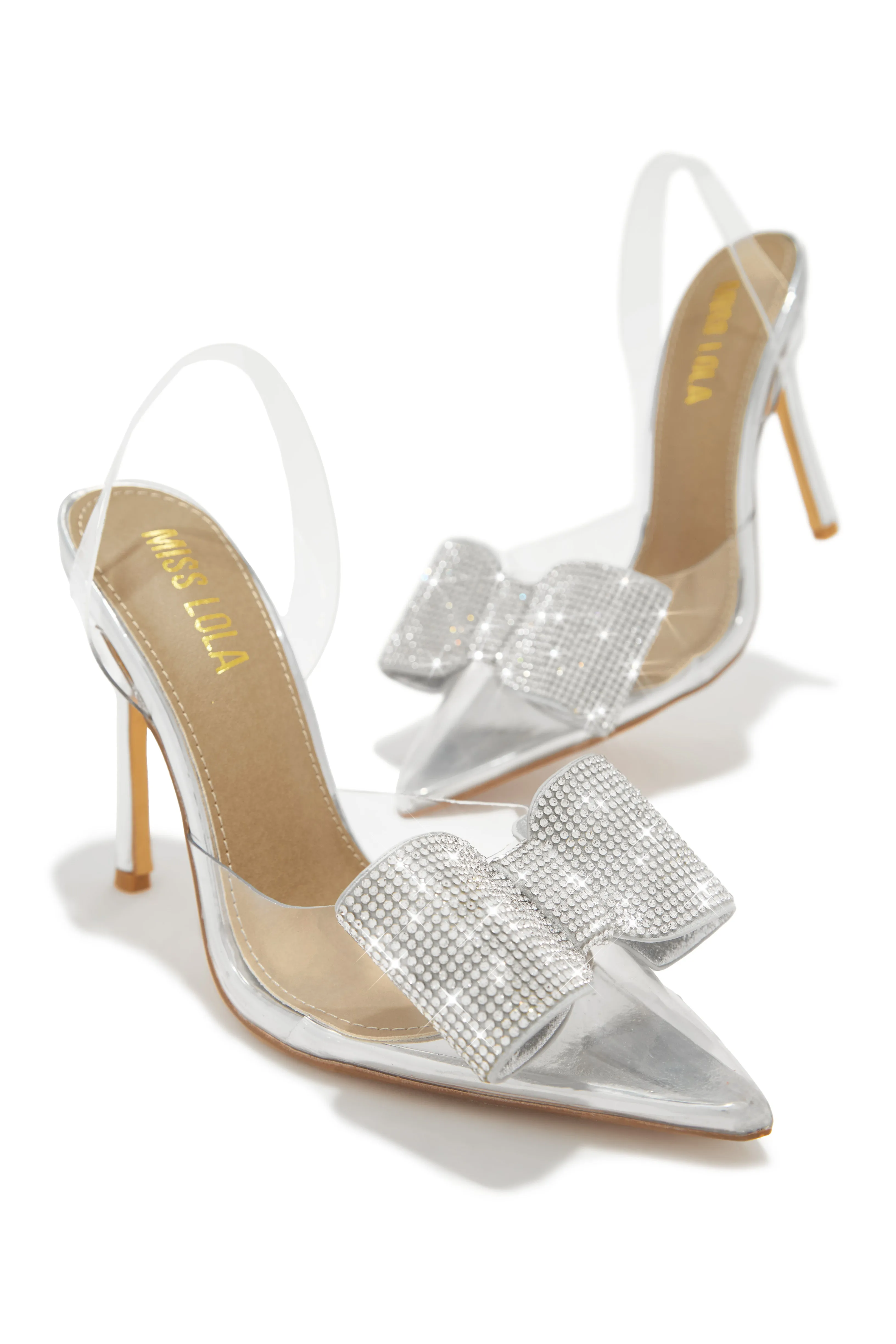 Chiara Embellished Bow Clear High Heel Pumps - Silver