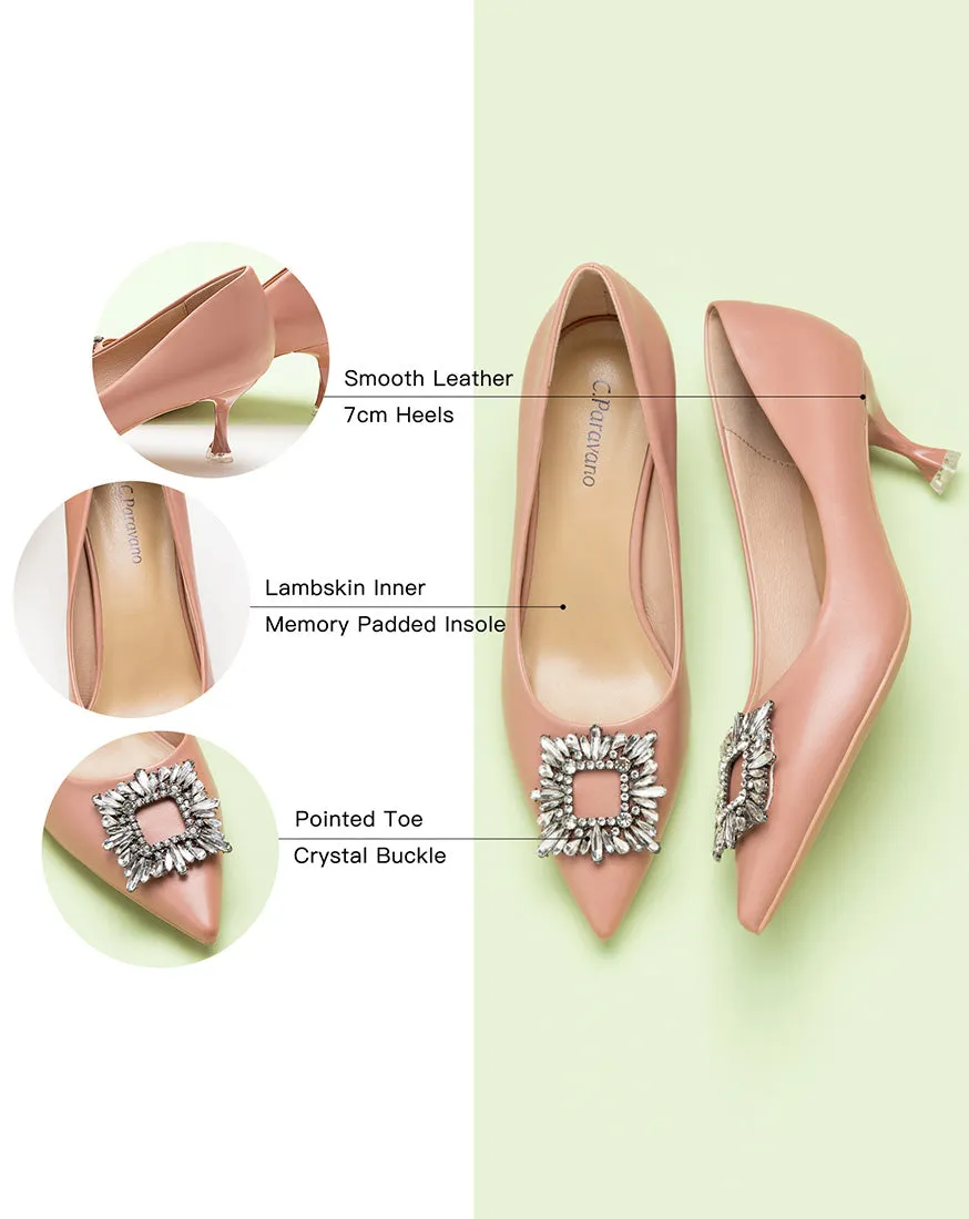 Crystal Buckle Embellished Leather Pumps Pink