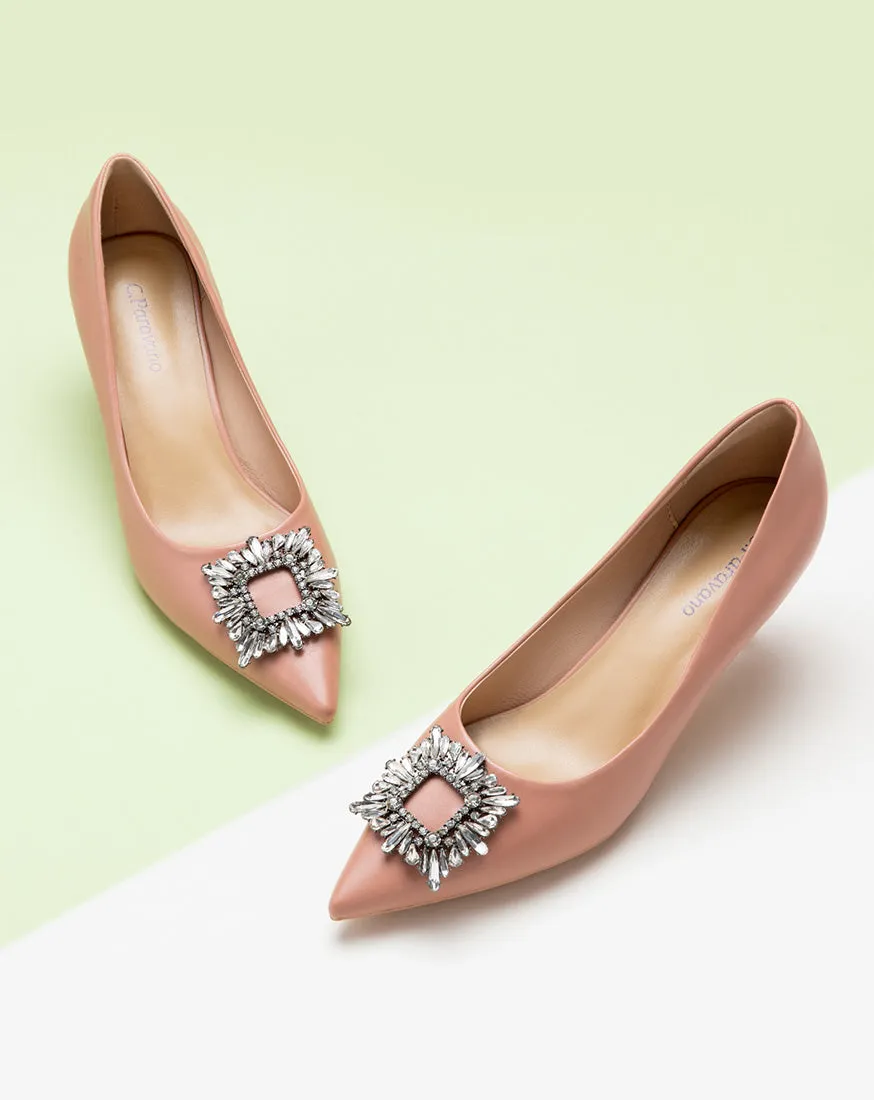 Crystal Buckle Embellished Leather Pumps Pink