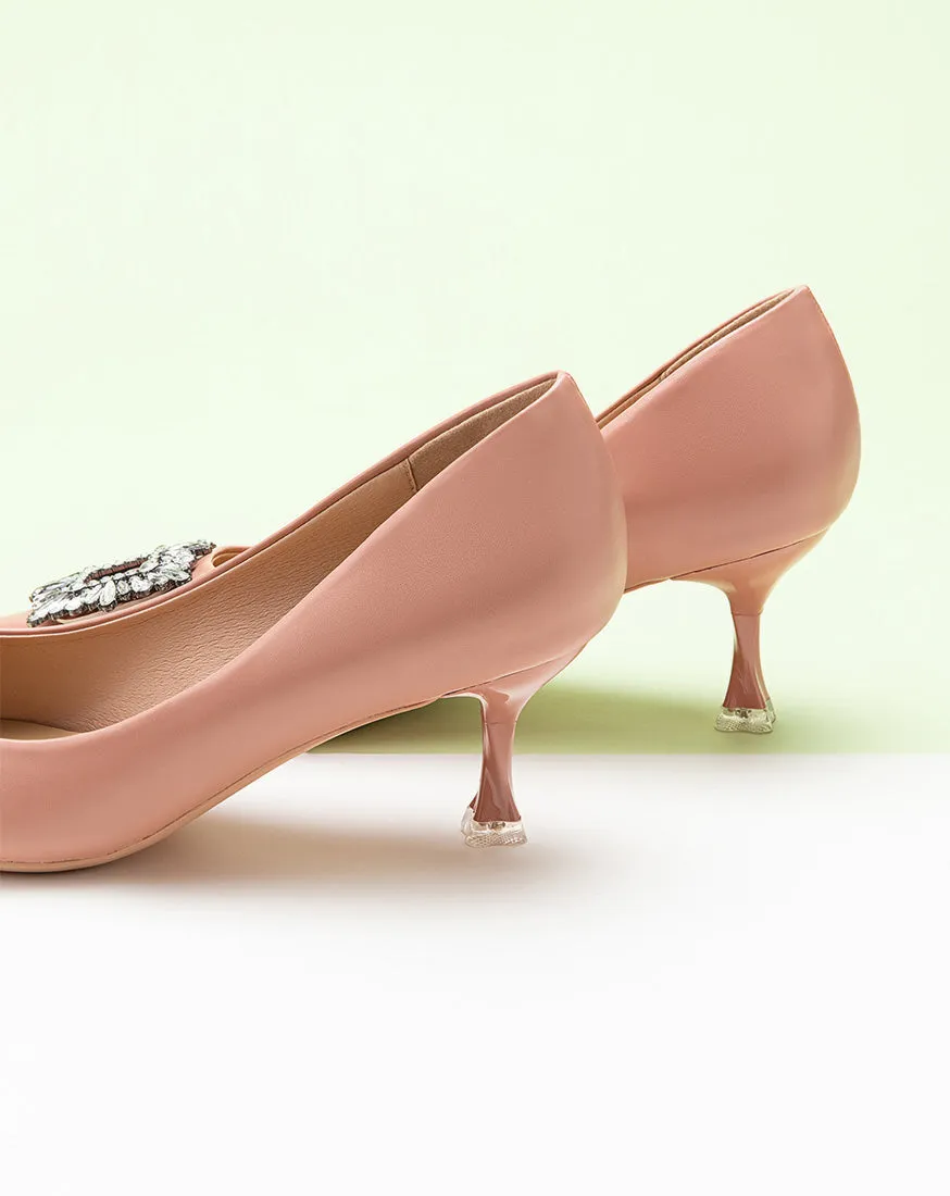 Crystal Buckle Embellished Leather Pumps Pink