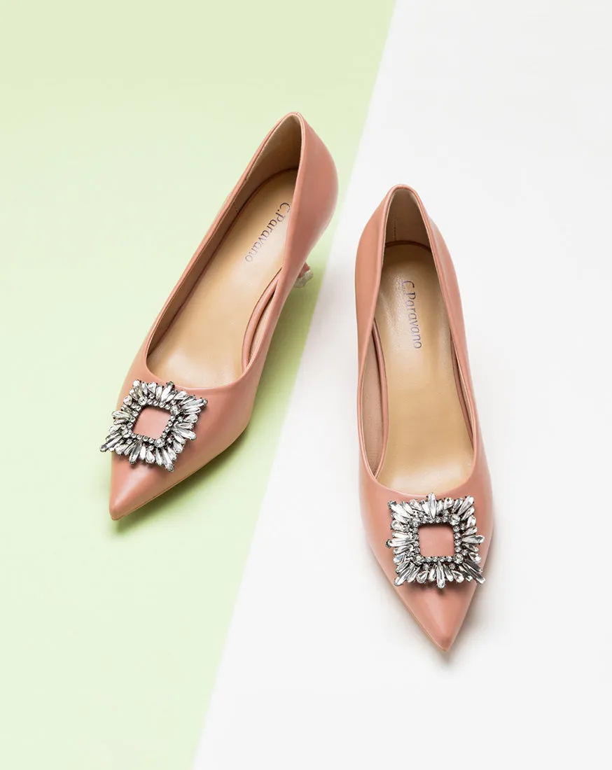 Crystal Buckle Embellished Leather Pumps Pink
