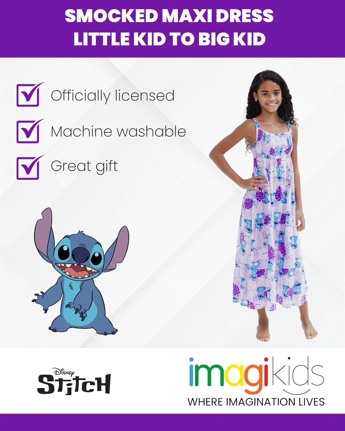 Disney Girls Smocked Maxi Dress Toddler to Big Kid Sizes (4-16)