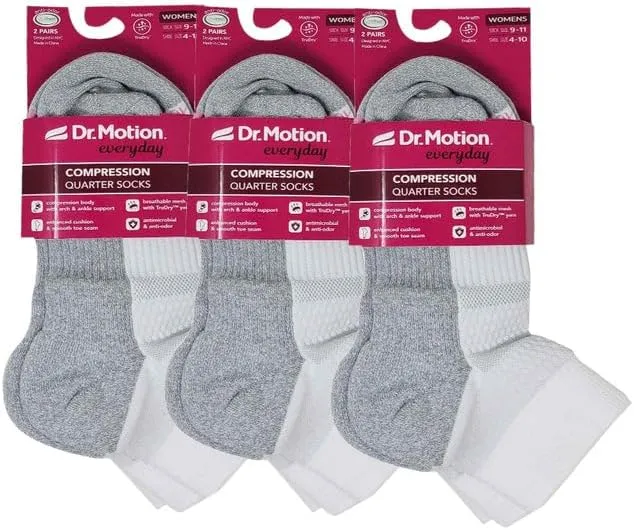 Dr. Motion Compression Quarter Socks For Women With Enhanced Cushion And Breathable Arch Support 6 Pairs
