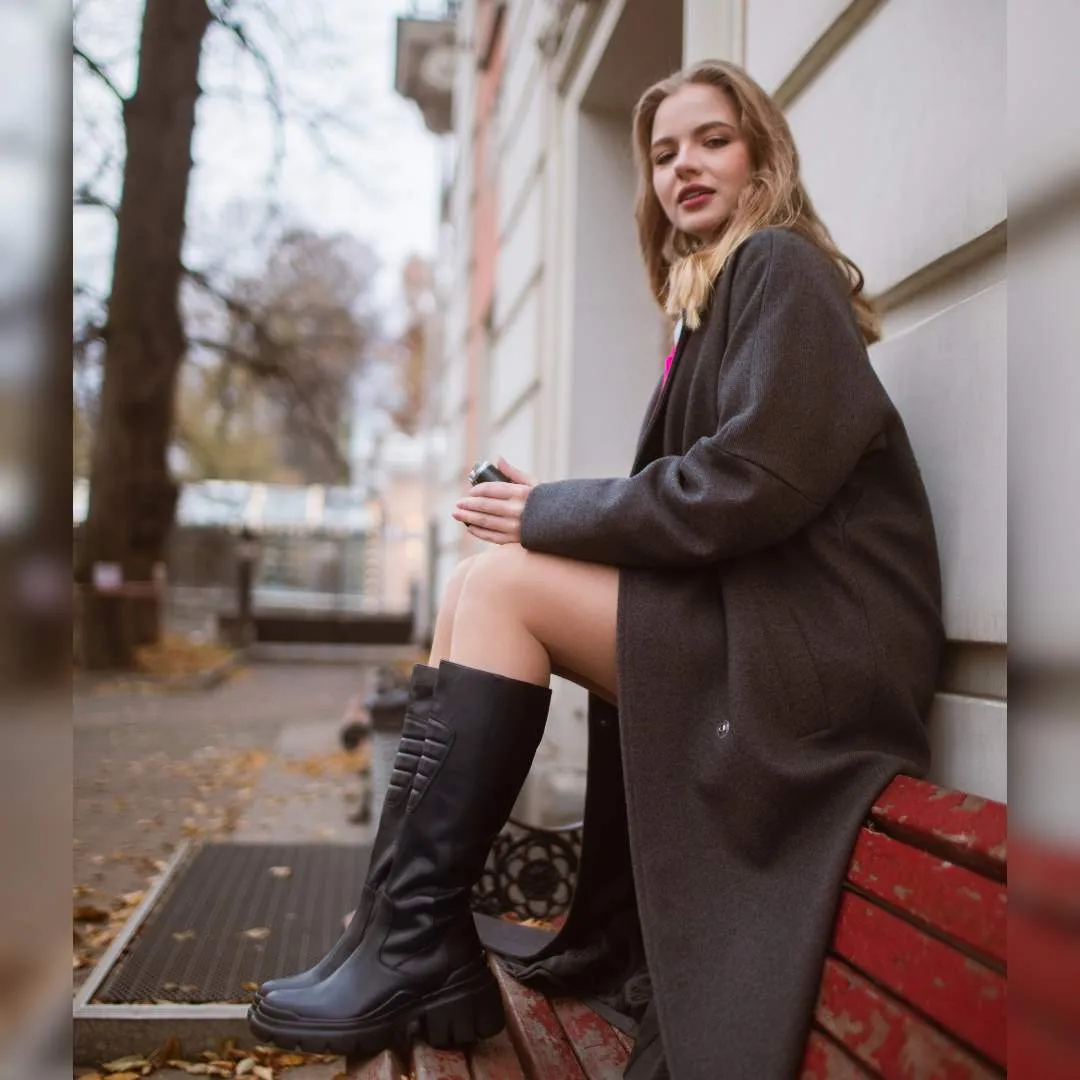 Eloïse Black Leather Lug Sole Long Boots