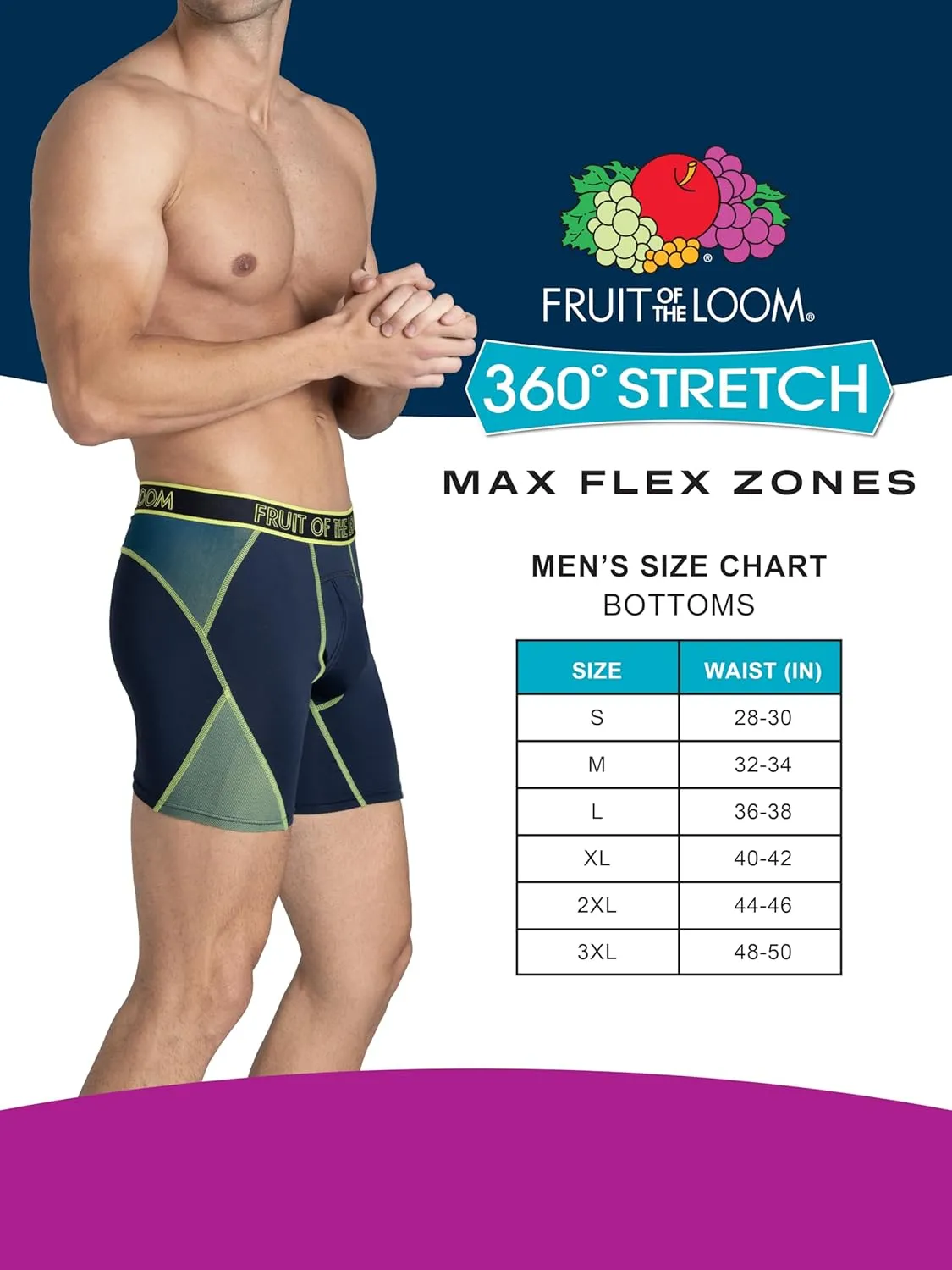 Fruit of the Loom Men's 4-Way Stretch Boxer Briefs | Lightweight & Moisture Wicking Underwear | Long, Regular Leg & Trunk