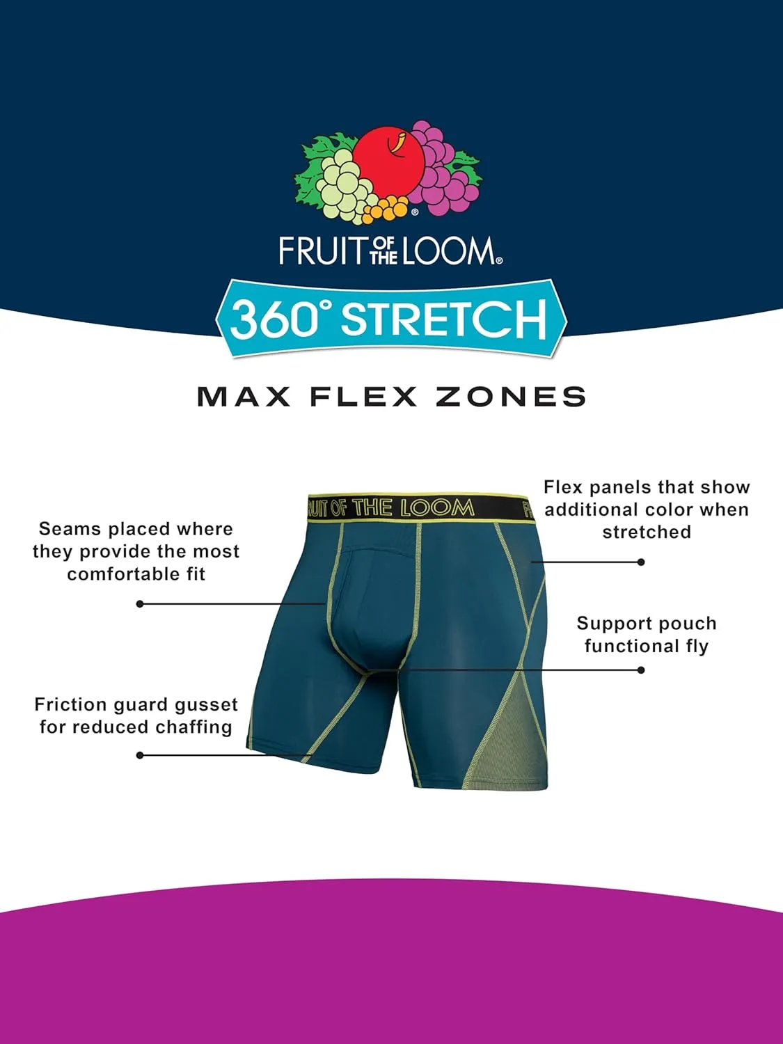 Fruit of the Loom Men's 4-Way Stretch Boxer Briefs | Lightweight & Moisture Wicking Underwear | Long, Regular Leg & Trunk