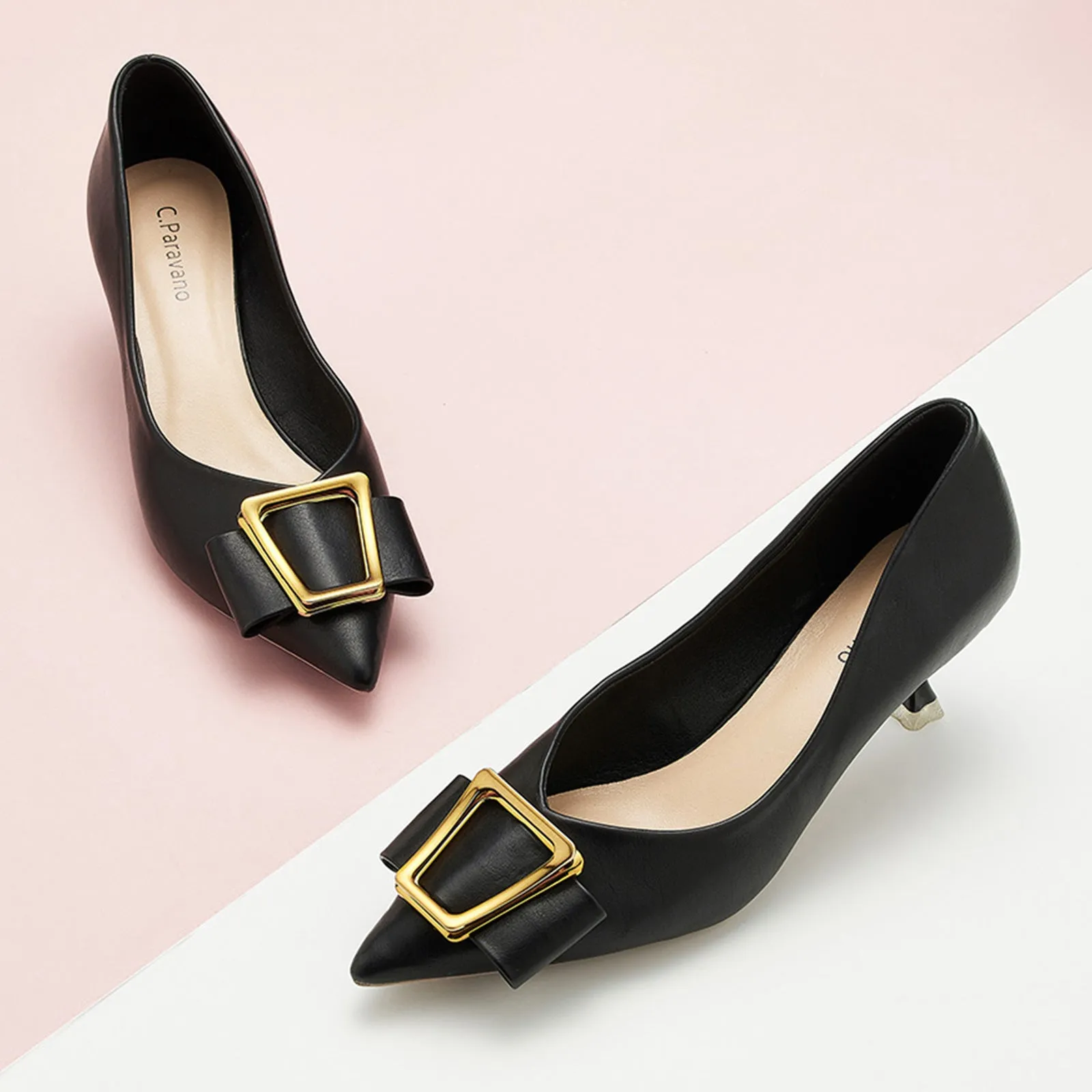 Hot Geometric Buckle Kitten Heel Pumps