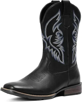 IUV Cowboy Boots For Men Square Toe Western Boot Durable Retro Classic Embroidered Pull On Boot Slip Resistant Country Boots