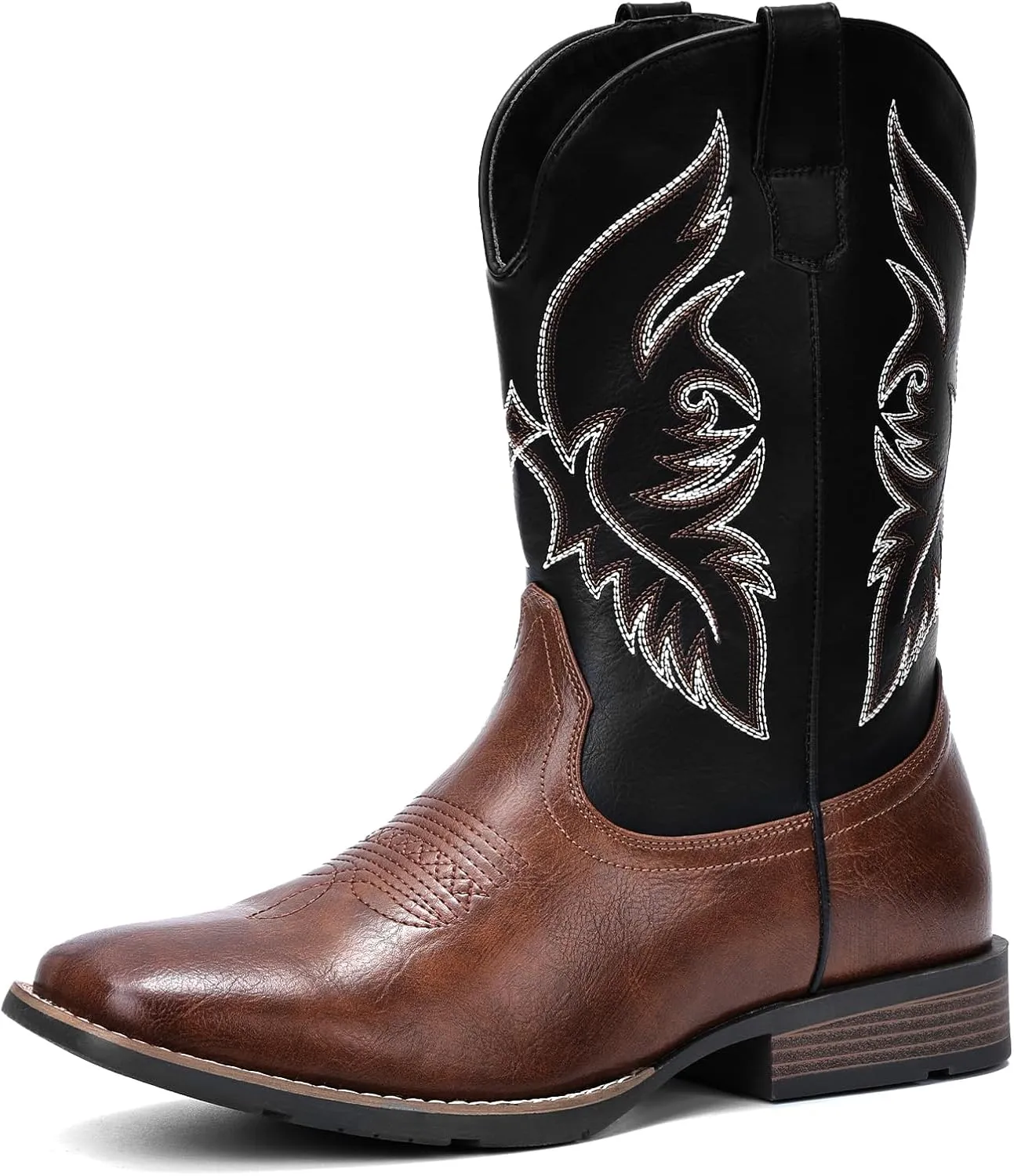 IUV Cowboy Boots For Men Square Toe Western Boot Durable Retro Classic Embroidered Pull On Boot Slip Resistant Country Boots
