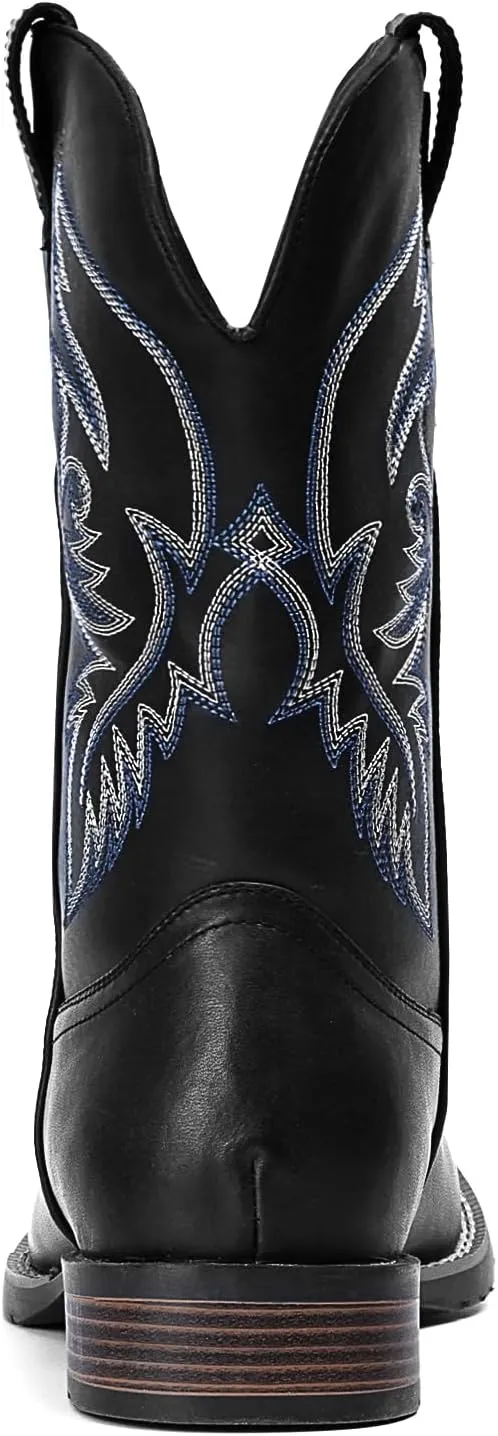 IUV Cowboy Boots For Men Square Toe Western Boot Durable Retro Classic Embroidered Pull On Boot Slip Resistant Country Boots
