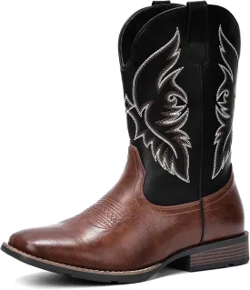 IUV Cowboy Boots For Men Square Toe Western Boot Durable Retro Classic Embroidered Pull On Boot Slip Resistant Country Boots
