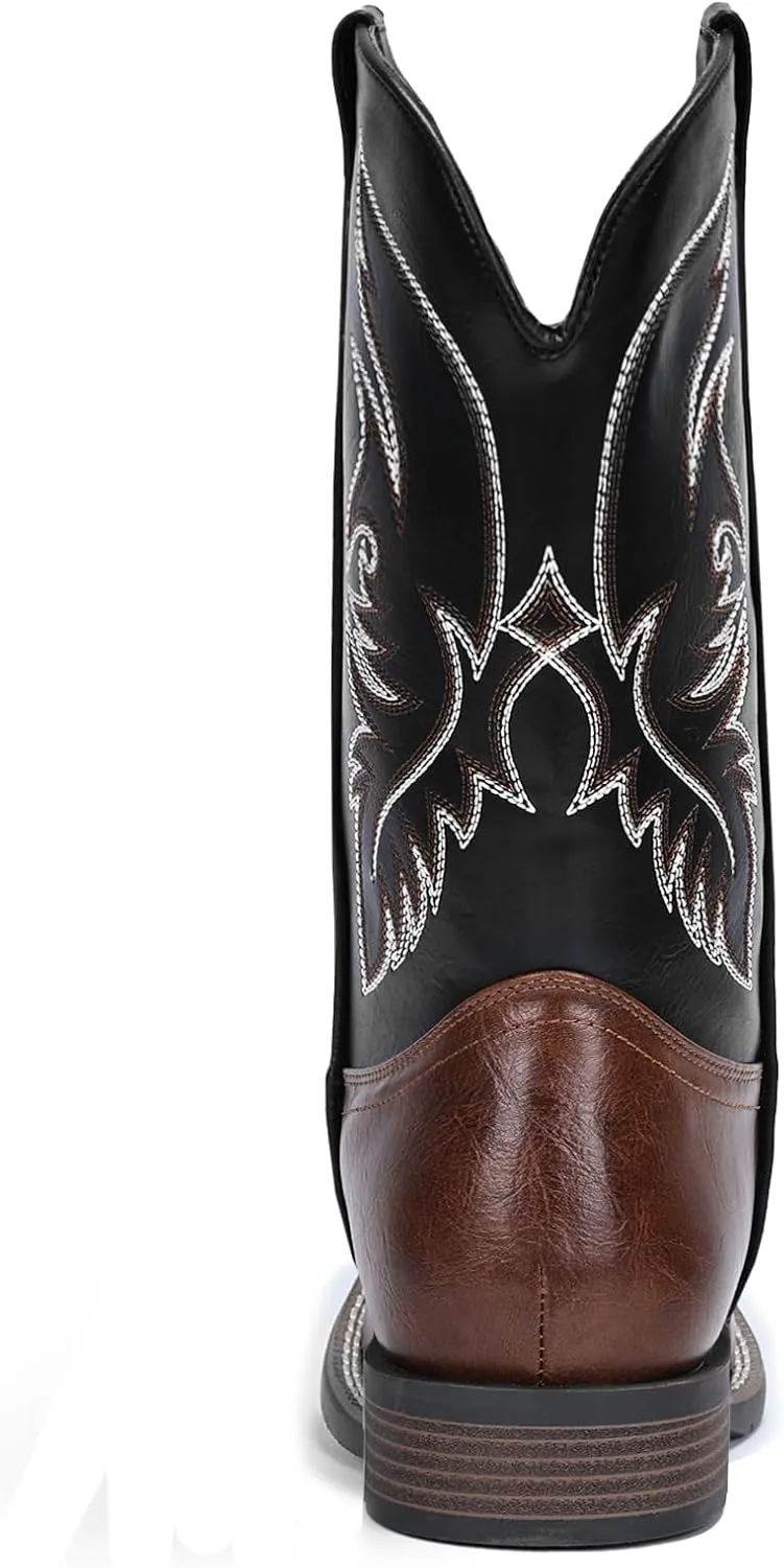 IUV Cowboy Boots For Men Square Toe Western Boot Durable Retro Classic Embroidered Pull On Boot Slip Resistant Country Boots