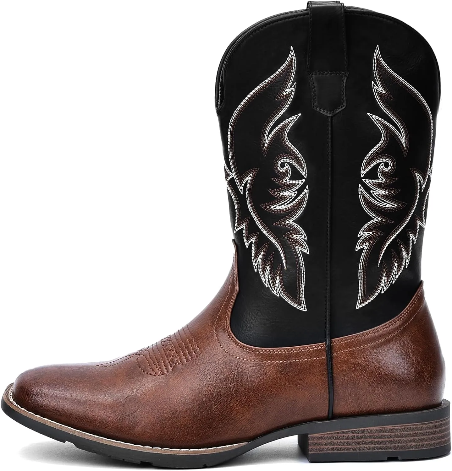 IUV Cowboy Boots For Men Square Toe Western Boot Durable Retro Classic Embroidered Pull On Boot Slip Resistant Country Boots