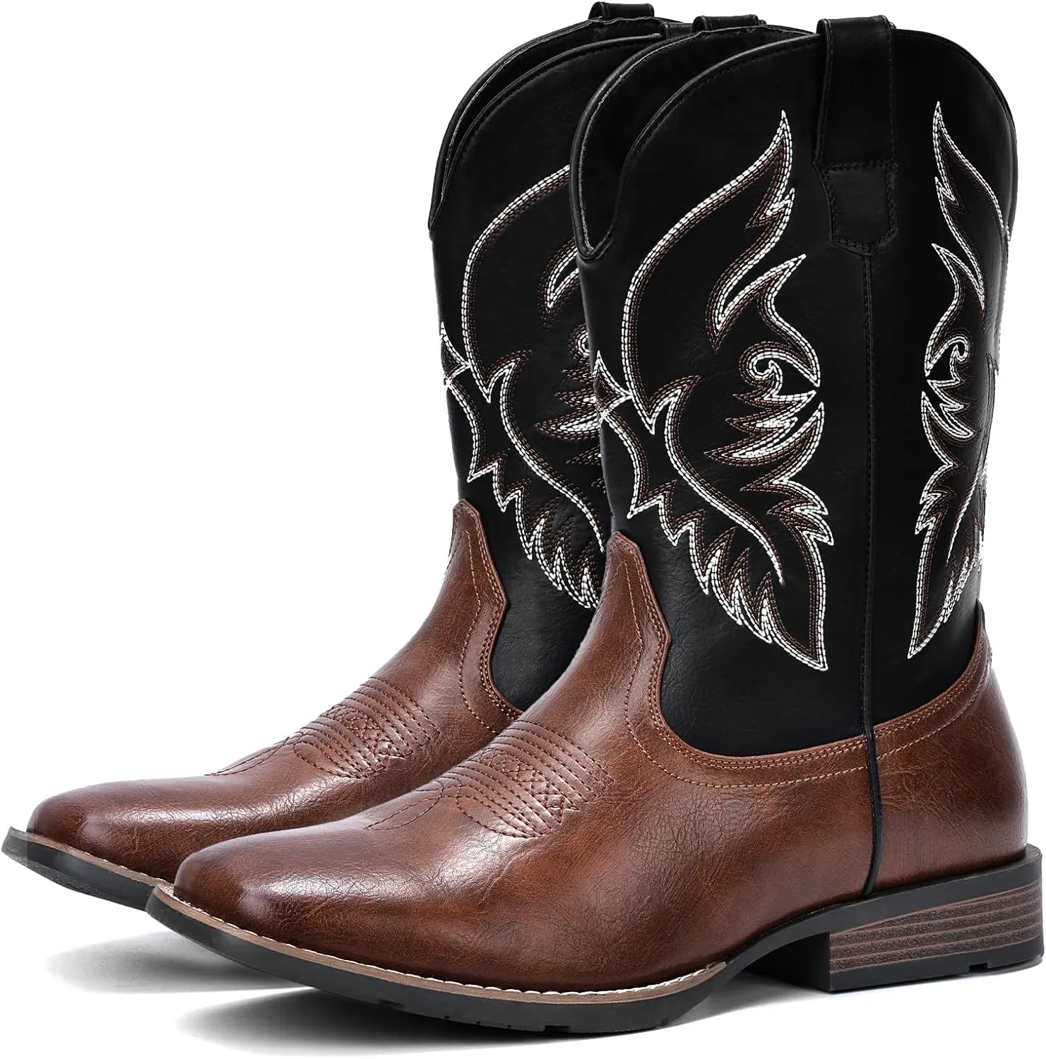IUV Cowboy Boots For Men Square Toe Western Boot Durable Retro Classic Embroidered Pull On Boot Slip Resistant Country Boots