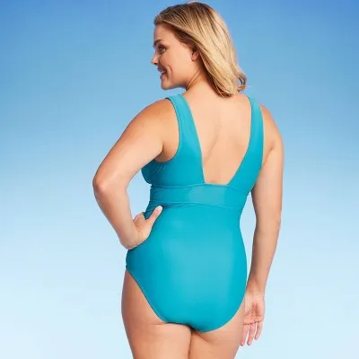 New - Kona Sol Women's Wide Shoulder V-Neck One Piece Swimsuit Medium Coverage, Blue S