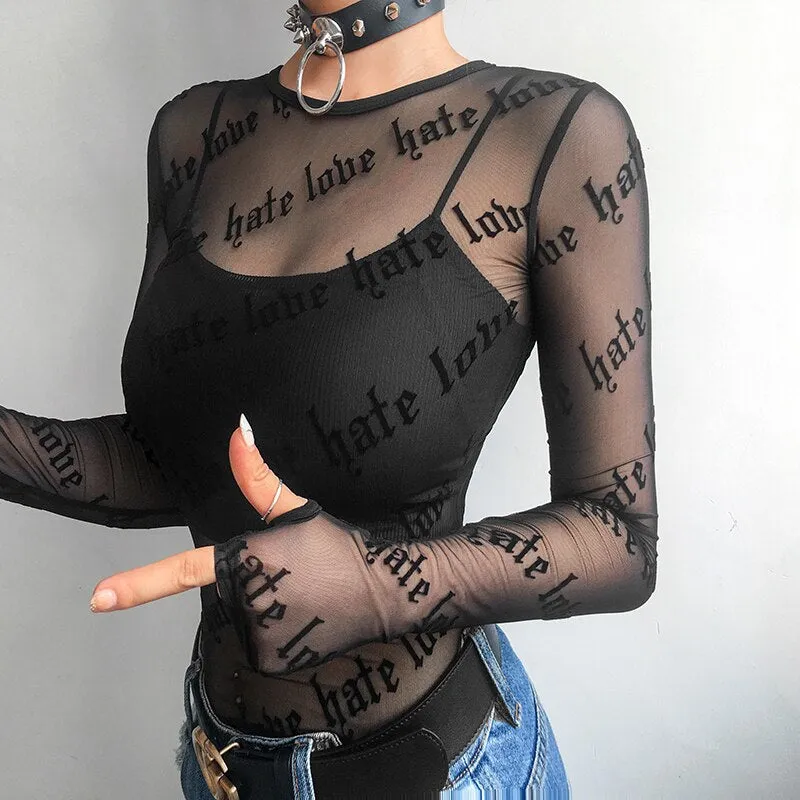 "LOVE HATE" MESH TOP