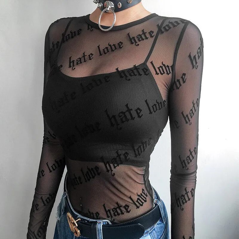 "LOVE HATE" MESH TOP