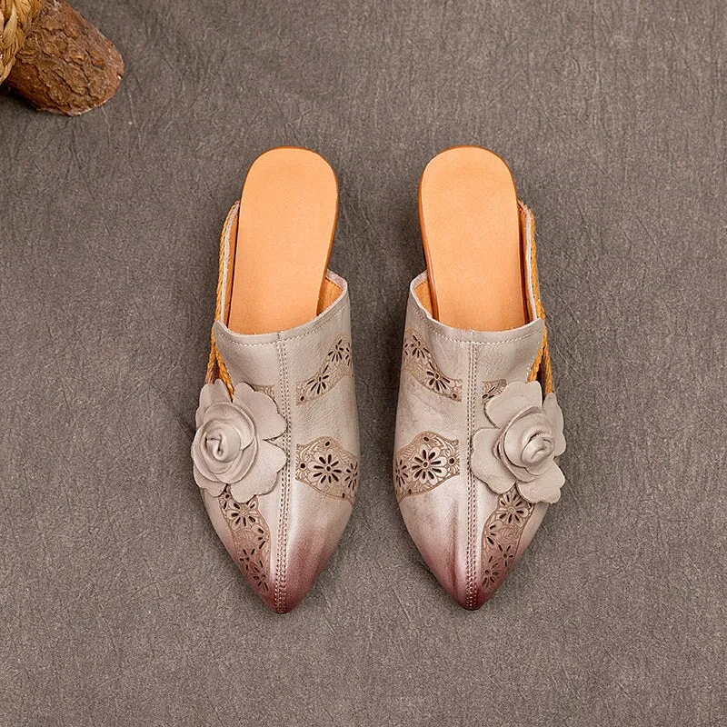 Retro Leather Mules Summer Slippers Handmade Slide Sandals Carving Design in Grey