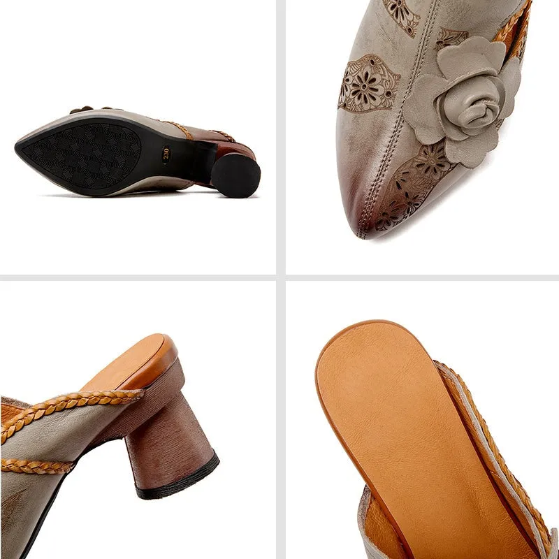 Retro Leather Mules Summer Slippers Handmade Slide Sandals Carving Design in Grey