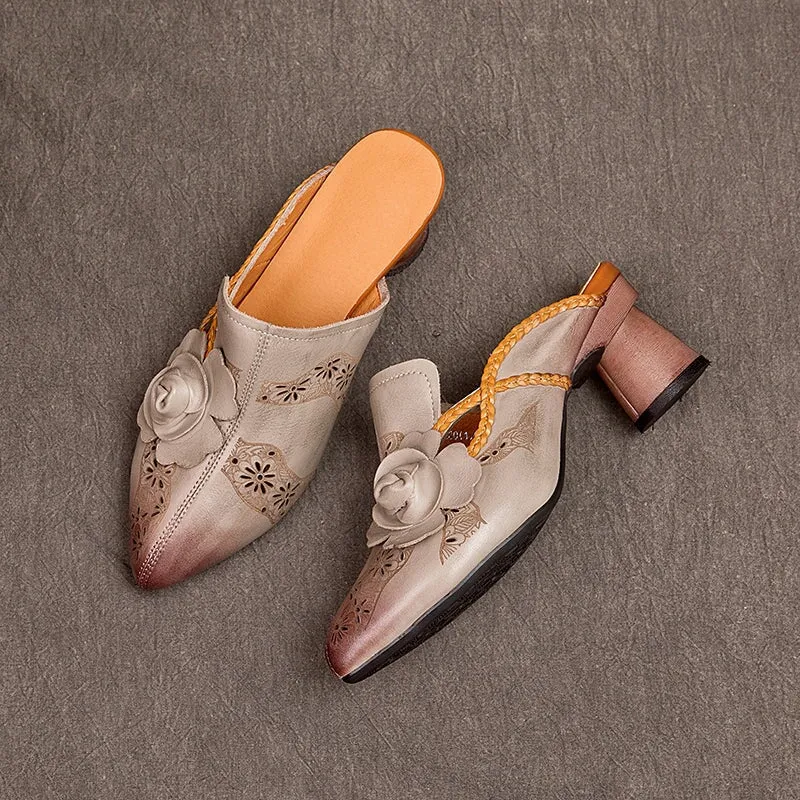 Retro Leather Mules Summer Slippers Handmade Slide Sandals Carving Design in Grey