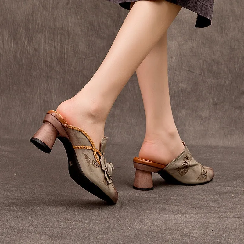 Retro Leather Mules Summer Slippers Handmade Slide Sandals Carving Design in Grey