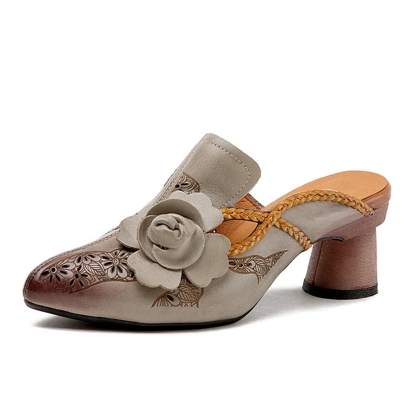 Retro Leather Mules Summer Slippers Handmade Slide Sandals Carving Design in Grey