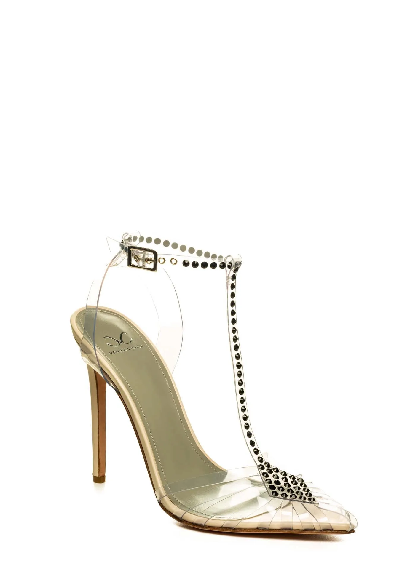 SOLANGE BLACK CRYSTAL EMBELLISHED NUDE CALF & PVC PUMPS