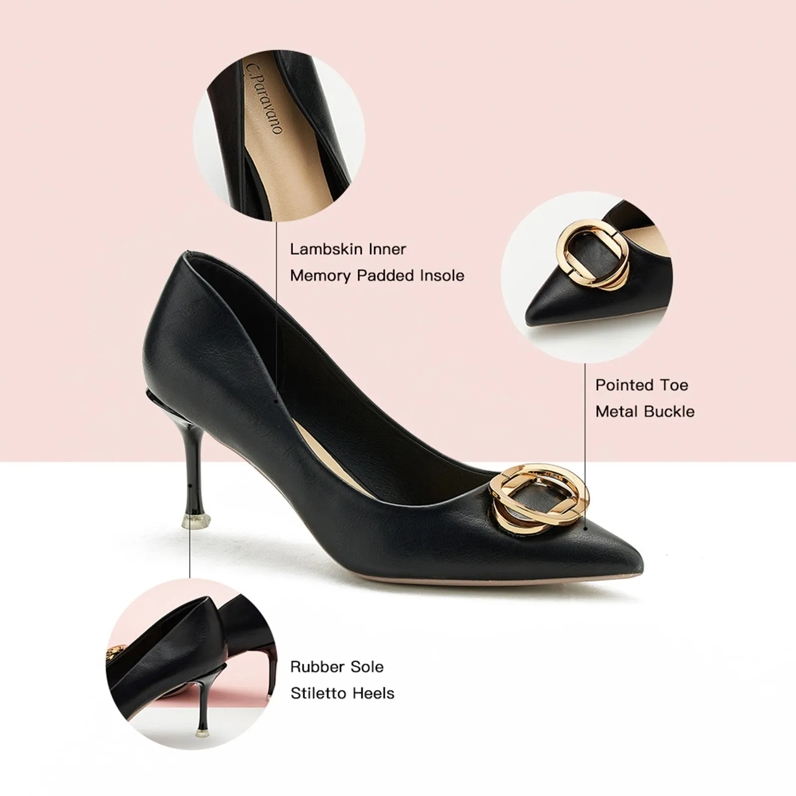 Stacked Metal Buckle Pumps (Olivia) Black