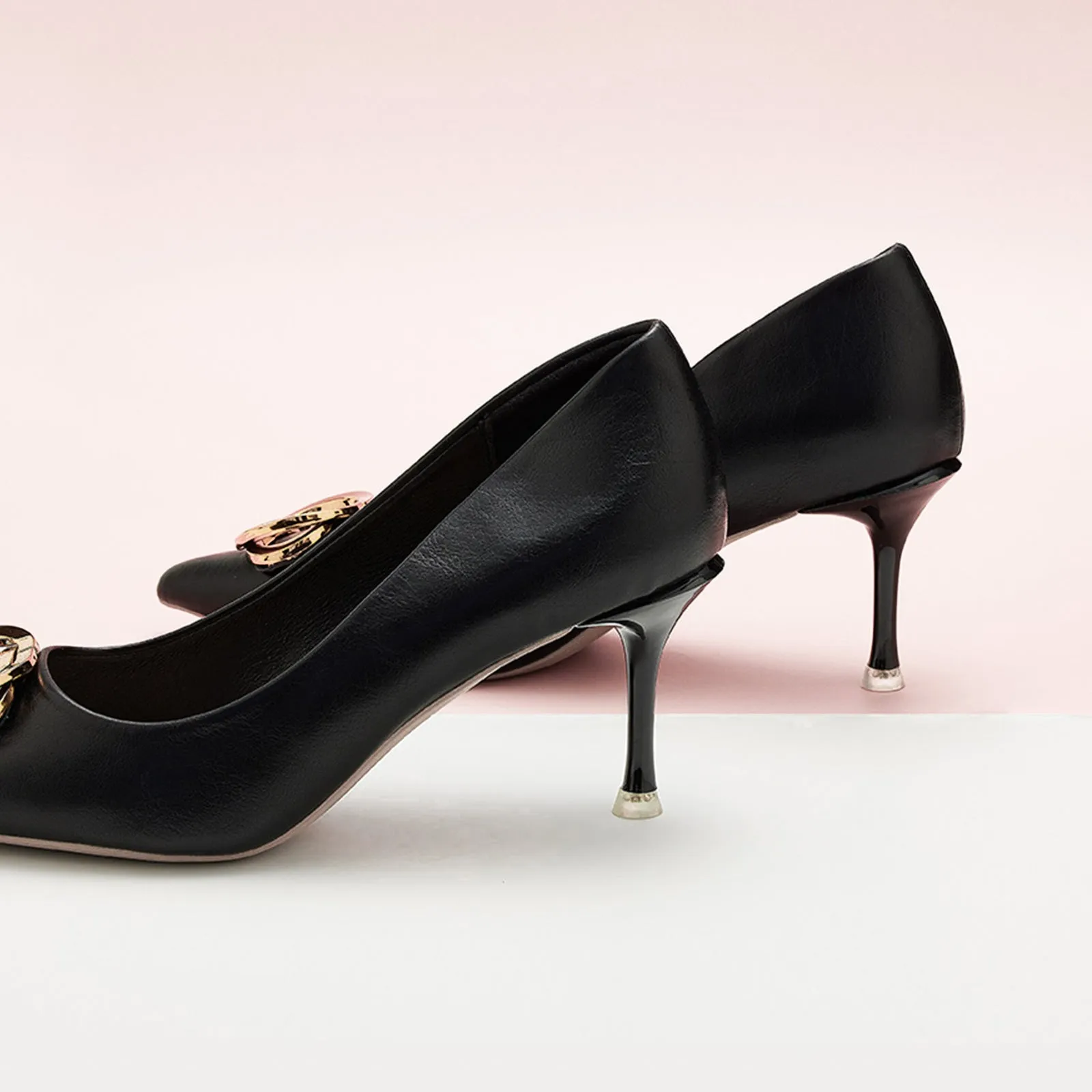 Stacked Metal Buckle Pumps (Olivia) Black