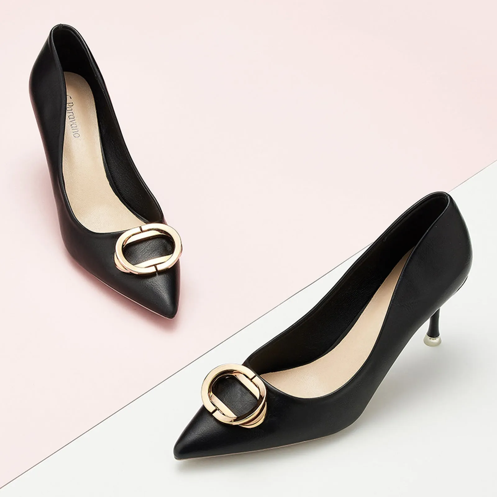 Stacked Metal Buckle Pumps (Olivia) Black