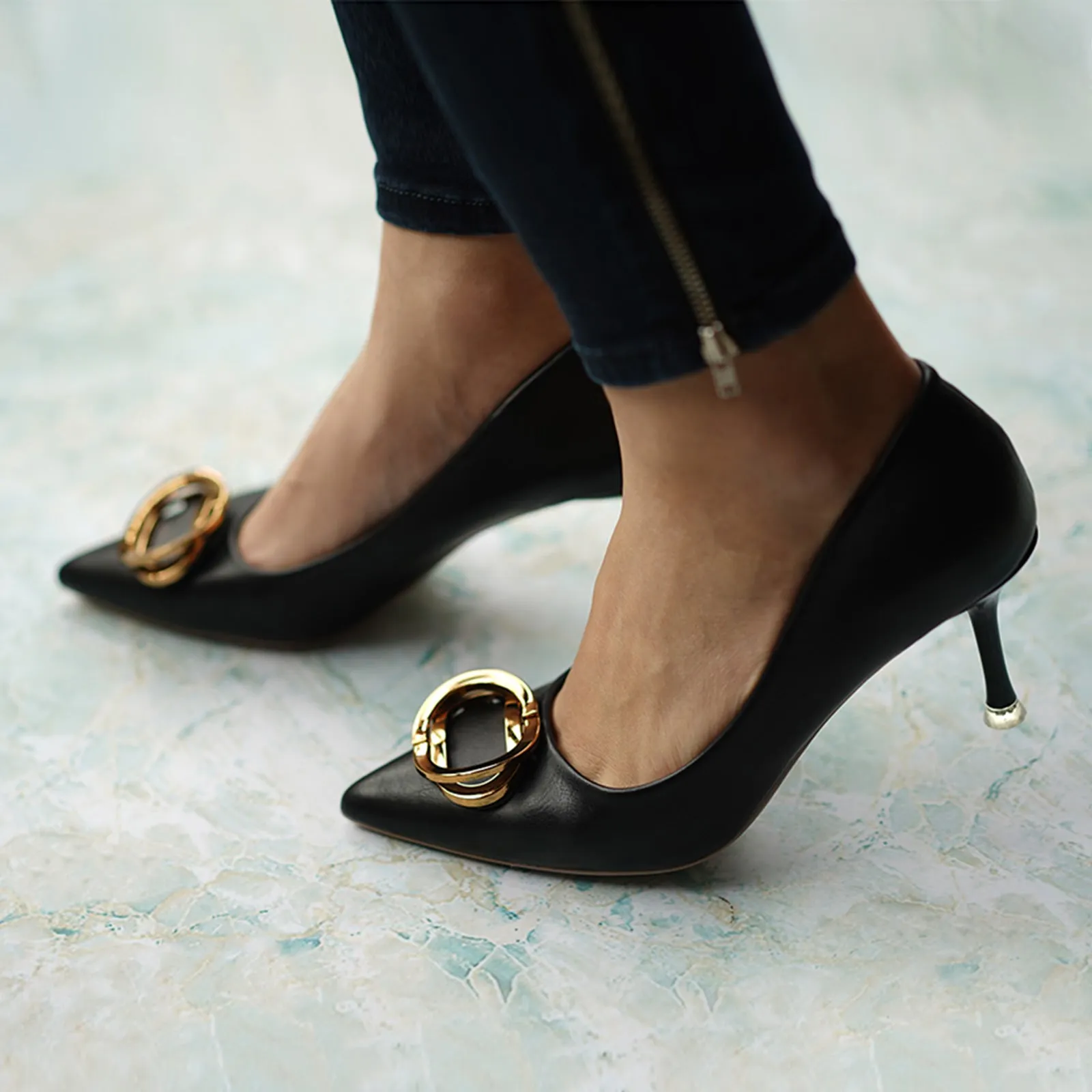 Stacked Metal Buckle Pumps (Olivia) Black