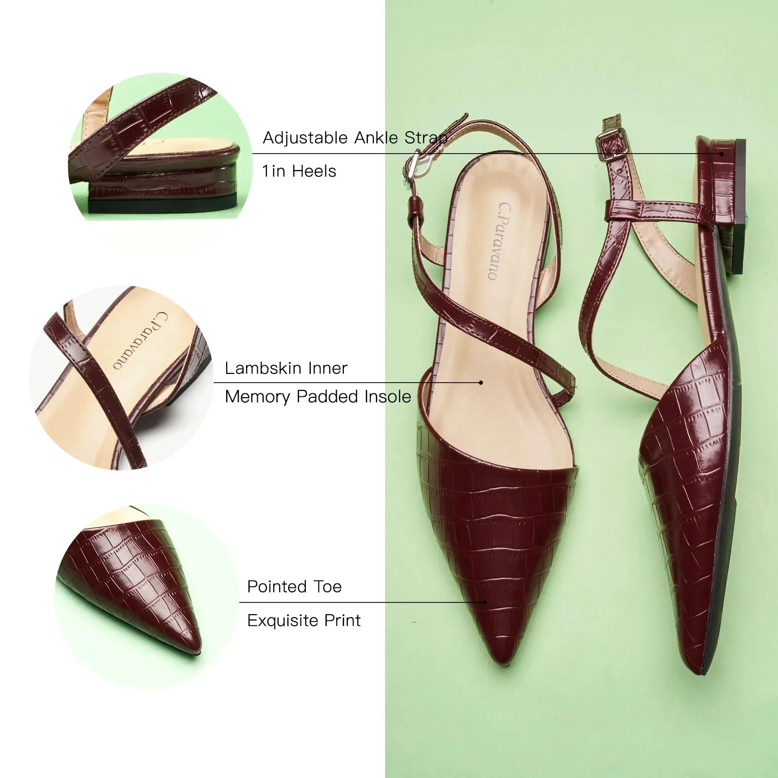 Strap-Around Slingback Flats (Freya) Dark Red