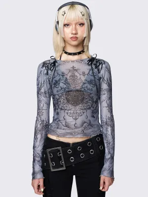 Willa Grey Lace Up Mesh Top