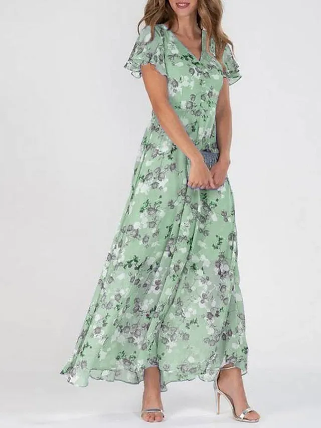 Women's Casual Dress Swing Dress Floral Dress Chiffon Long Dress Maxi Dress Green Blue Light Blue Short Sleeve Floral Ruffle Spring Summer V Neck Fashion Daily Date Vacation 2023 S M L XL XXL 3XL