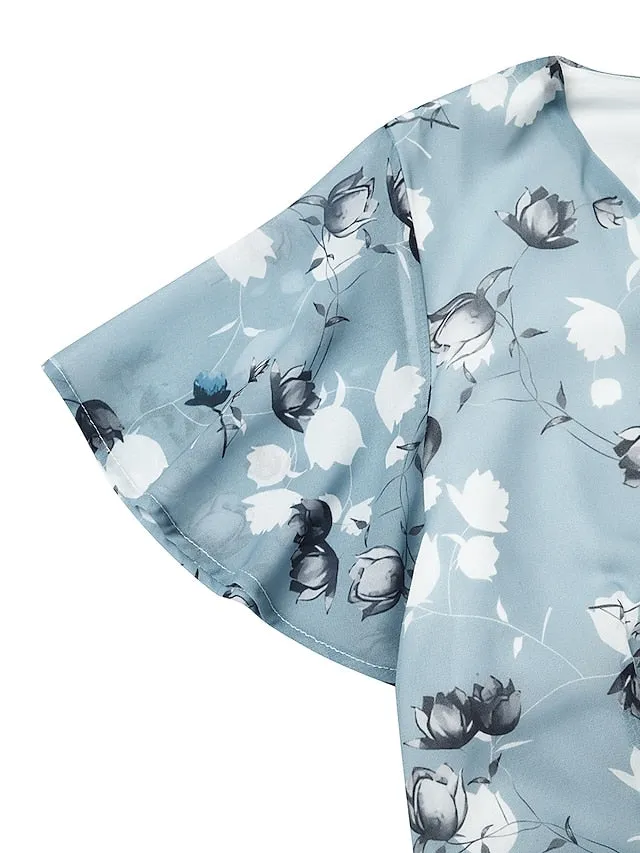 Women's Casual Dress Swing Dress Floral Dress Chiffon Long Dress Maxi Dress Green Blue Light Blue Short Sleeve Floral Ruffle Spring Summer V Neck Fashion Daily Date Vacation 2023 S M L XL XXL 3XL