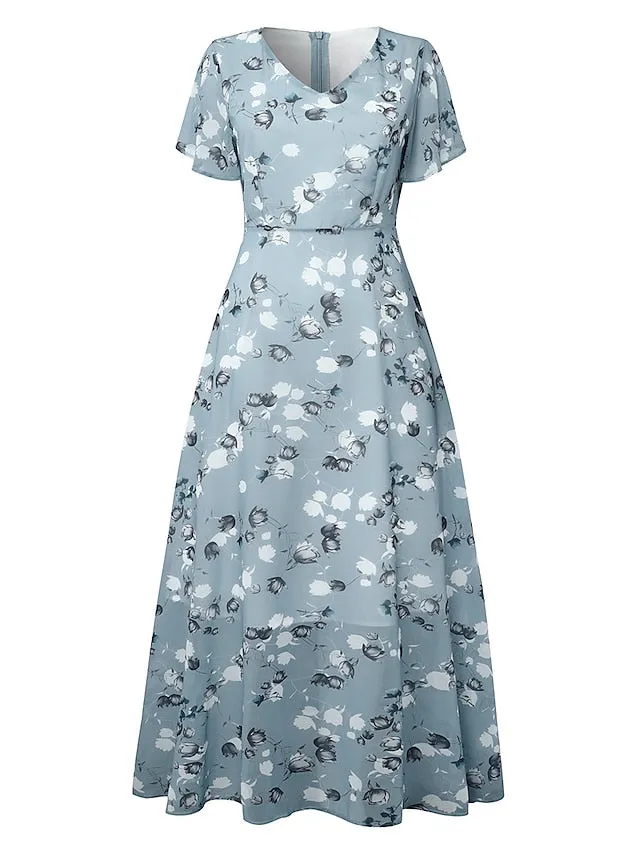 Women's Casual Dress Swing Dress Floral Dress Chiffon Long Dress Maxi Dress Green Blue Light Blue Short Sleeve Floral Ruffle Spring Summer V Neck Fashion Daily Date Vacation 2023 S M L XL XXL 3XL