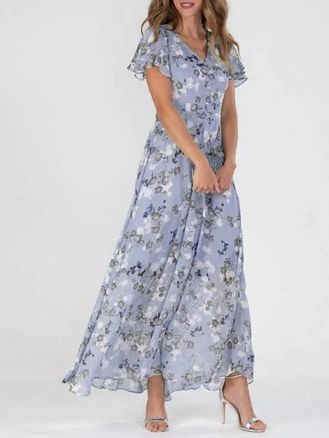 Women's Casual Dress Swing Dress Floral Dress Chiffon Long Dress Maxi Dress Green Blue Light Blue Short Sleeve Floral Ruffle Spring Summer V Neck Fashion Daily Date Vacation 2023 S M L XL XXL 3XL