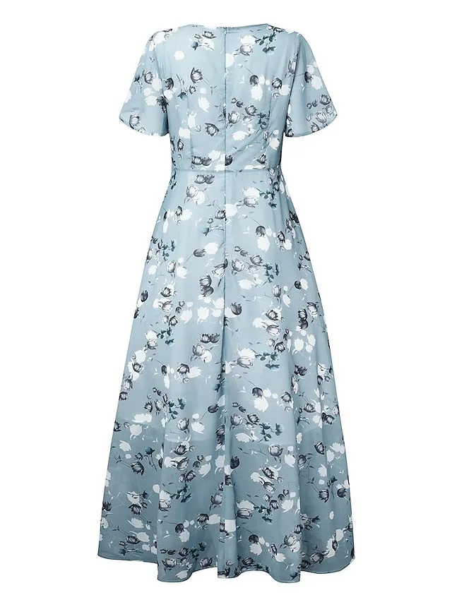 Women's Casual Dress Swing Dress Floral Dress Chiffon Long Dress Maxi Dress Green Blue Light Blue Short Sleeve Floral Ruffle Spring Summer V Neck Fashion Daily Date Vacation 2023 S M L XL XXL 3XL