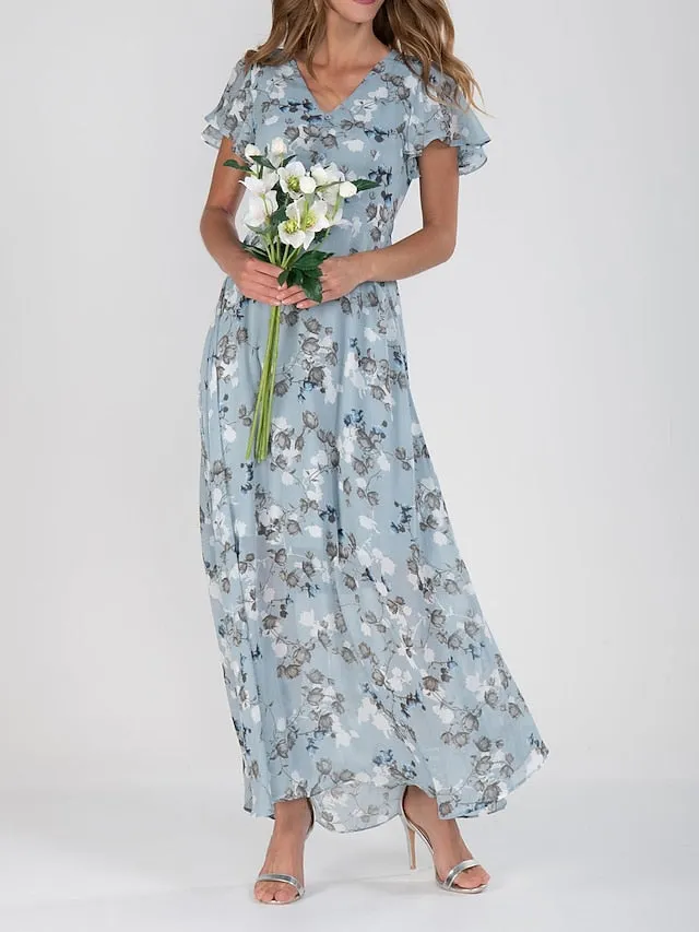 Women's Casual Dress Swing Dress Floral Dress Chiffon Long Dress Maxi Dress Green Blue Light Blue Short Sleeve Floral Ruffle Spring Summer V Neck Fashion Daily Date Vacation 2023 S M L XL XXL 3XL
