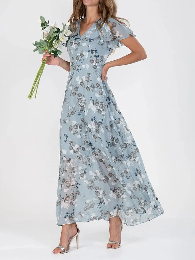 Women's Casual Dress Swing Dress Floral Dress Chiffon Long Dress Maxi Dress Green Blue Light Blue Short Sleeve Floral Ruffle Spring Summer V Neck Fashion Daily Date Vacation 2023 S M L XL XXL 3XL